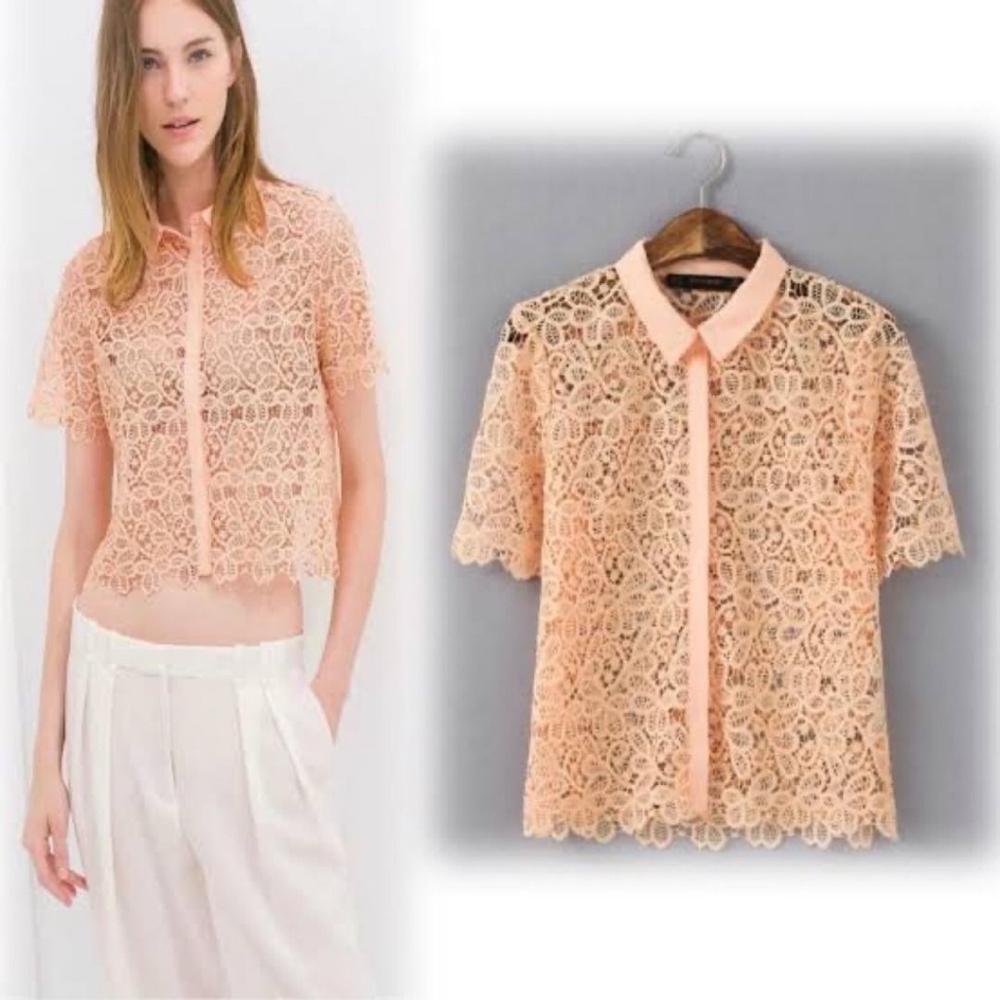 Zara Cropped Guipure Lace Peach Coral Top Shirt Button Down Blouse Collared S